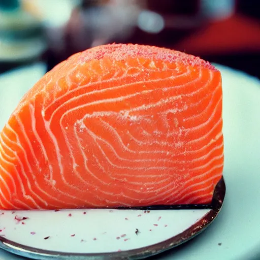 Prompt: photo of cake made out of salmon fish, cinestill, 8 0 0 t, 3 5 mm, full - hd