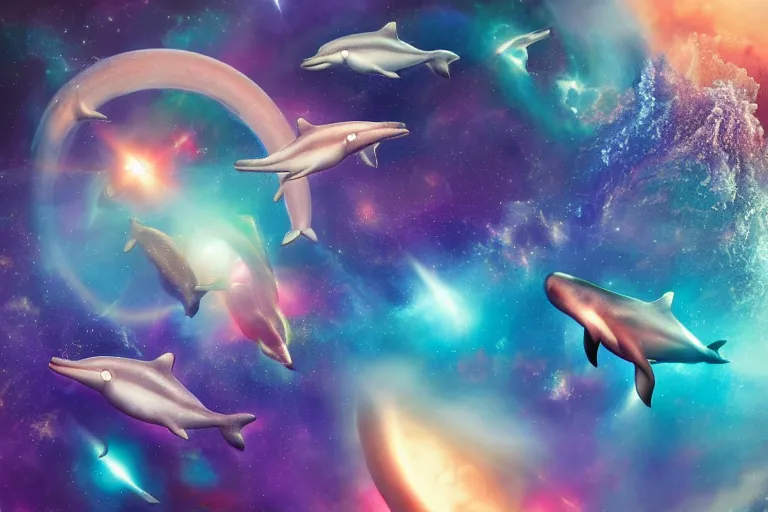 Image similar to a group of cosmic dolphins jumping out of a cosmic ocean in space, epic composition, 4 k