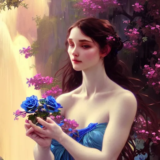 Prompt: A young woman holding two blue roses behind a waterfall, face, fantasy, intricate, elegant, highly detailed, digital painting, artstation, concept art, smooth, sharp focus, illustration, art by Krenz Cushart and Artem Demura and alphonse mucha