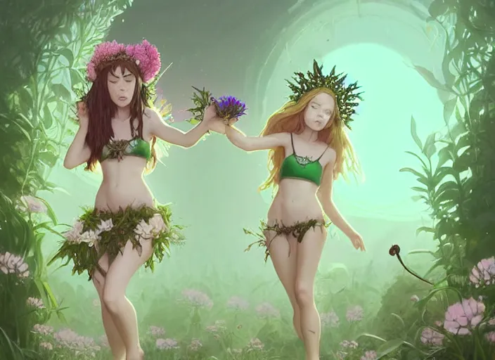 Image similar to two cute fairy girls playing with crown of flowers in plants bikini covered with celtic rune tattoos, fantasy, by atey ghailan, by greg rutkowski, by greg tocchini, by james gilleard, by joe gb fenton, by in kaethe butcher, dynamic lighting, gradient light green, brown, blonde cream and white color in scheme, grunge aesthetic