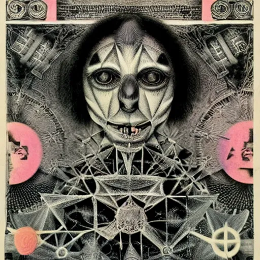 Image similar to post - punk new age album cover, asymmetrical design, dollar bank notes, capitalism, magic, apocalypse, psychedelic, black white pastel pink, slightly holographic, magic, giger h. r., giuseppe arcimboldo, peder aalto