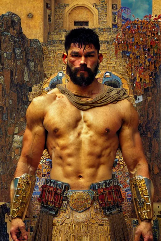 Image similar to Gladiator, muscular, detailed face, correct face, cyberpunk chinese ancient castle, fantasy, painting by Gustav Klimt, greg rutkowski and alphonse mucha