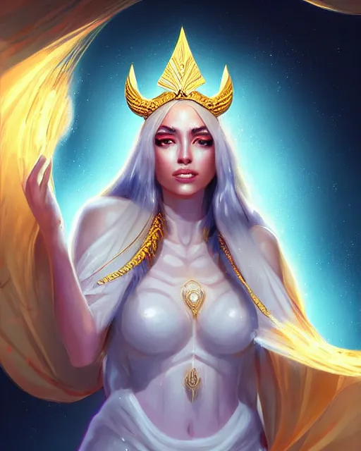 Prompt: digital painting portrait of a beautiful lunar priestess, gilding, celestial aura, radiant lighting, artgerm, gilded, artstation