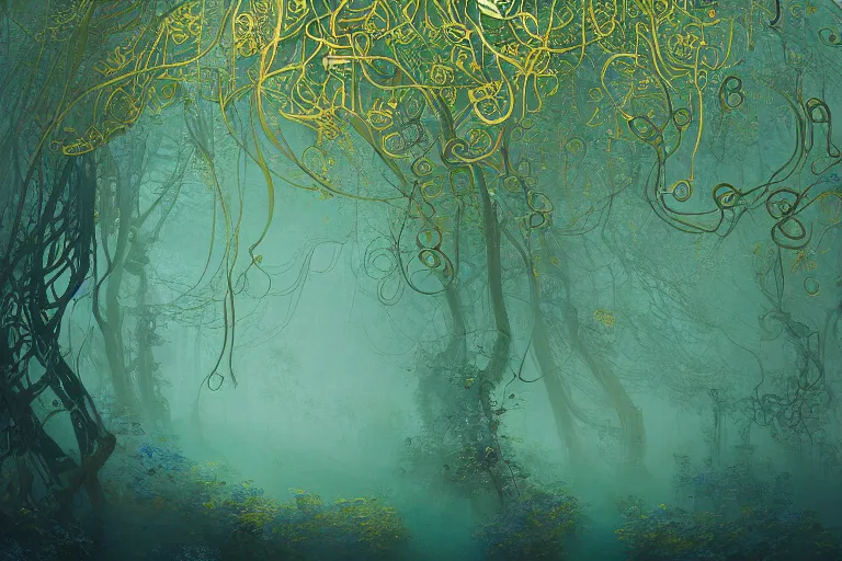 Prompt: abstract forest with flowers and vines in teal and green and grey, trending on artstation, elaborate, ornate, swirls, vines, ultra fine detail, golden ratio, smooth gradients, intricate ink designs, by sam guay and ivan aivazovsky and hiroo isono