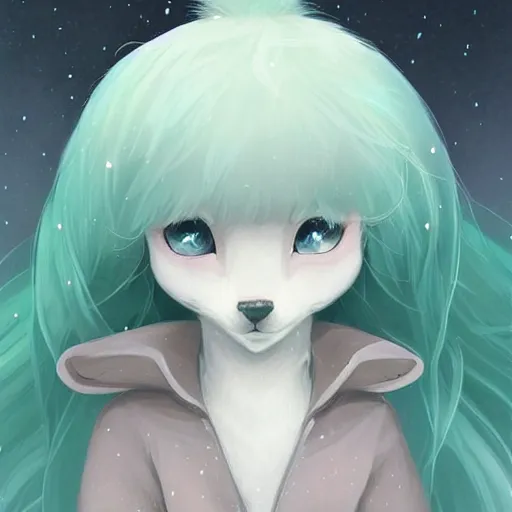 Prompt: aesthetic portrait commission of a albino cute furry anthro winter fox wearing a cute mint colored cozy soft pastel winter outfit with the full moon in the background , soft snowy winter Atmosphere. Character design by charlie bowater, ross tran, artgerm, and makoto shinkai, detailed, inked, western comic book art, 2021 award winning painting