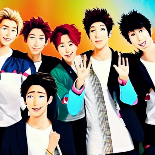 Image similar to still frame of j-pop boy band arashi in Pixar's up