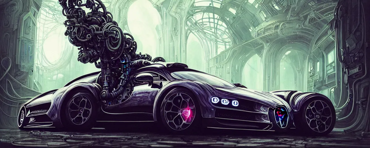 Image similar to shiny cyberpunk vehicle reminiscent of bugatti chiron with robotic enhancements parked in ancient mystic woods, gothic and baroque, brutalist architecture, ultradetailed, creepy ambiance, fog, artgerm, giger, Intricate by Ellen Jewett and Josan Gonzalez and Giuseppe Arcimboldo