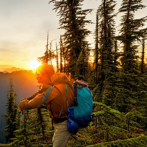 Image similar to Sasquatch tea bags an unfortunate backpacker in the Cascades, sunset, photorealistic 8K HDRI.