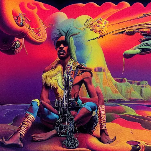 Prompt: colour portrait masterpiece photography of jimi hendrix full body shot by annie leibovitz, ultrawide angle, michael cheval, moebius, josh kirby, weird surreal epic psychedelic complex biomorphic 3 d fractal landscape in background by roger dean and syd mead and kilian eng and beksinski, greg hildebrandt, 8 k