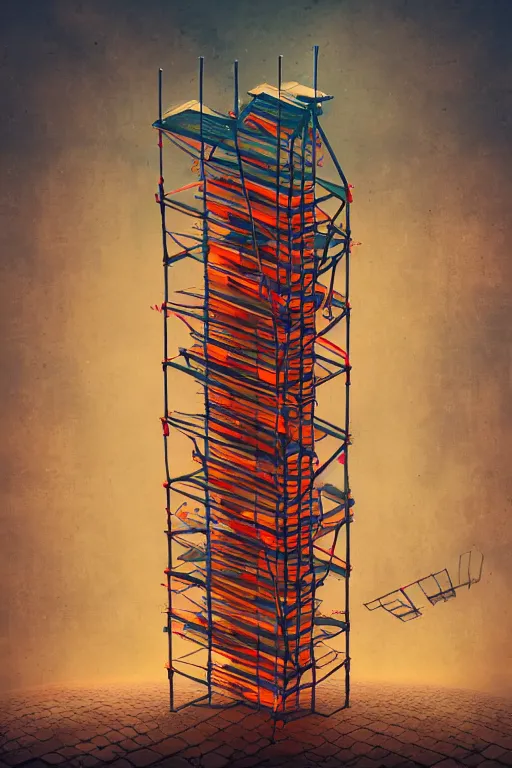 Prompt: elaborate surreal upside-down tower of bookshelves and ladders coming down from the skies, concept art, red and orange coloring, 4k