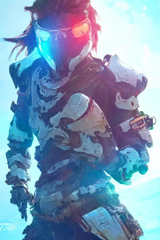 Image similar to combination suit armor aloy horizon forbidden west horizon zero dawn radiating a glowing aura global illumination ray tracing hdr fanart arstation by ian pesty and alena aenami artworks in 4 k tribal robot ninja mask helmet backpack