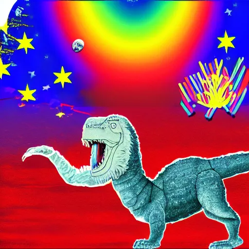 Prompt: dramatic digital art of joe biden riding a gay rainbow trex on the moon with a donald trump earth in the sky