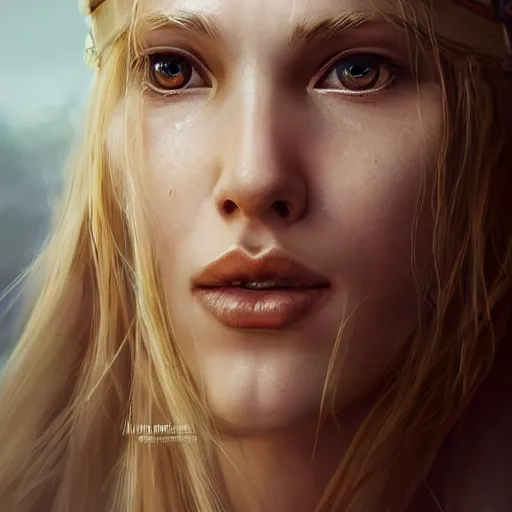 Image similar to epic portrait an beautiful blonde haired viking woman with a nose scar and glossy lips, made by Stanley Artgerm Lau, WLOP, Rossdraws, ArtStation, CGSociety, concept art,g cgsociety, octane render, trending on artstation, artstationHD, artstationHQ, unreal engine, 4k, 8k