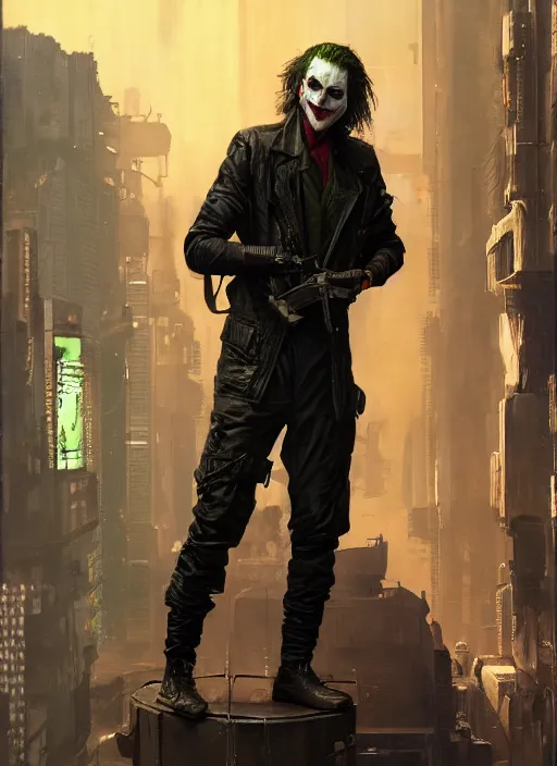 Prompt: the joker. cyberpunk mercenary in a cyberpunk jumpsuit ( blade runner 2 0 4 9, cyberpunk 2 0 7 7 ). orientalist portrait by john william waterhouse and james gurney and theodore ralli and nasreddine dinet, oil on canvas. cinematic, hyper realism, realistic proportions, dramatic lighting, high detail 4 k