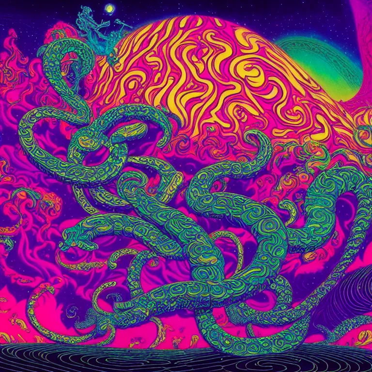 Image similar to cosmic serpent, infinite fractal worlds, bright neon colors, highly detailed, cinematic, eyvind earle, tim white, philippe druillet, roger dean, lisa frank, aubrey beardsley, hiroo isono