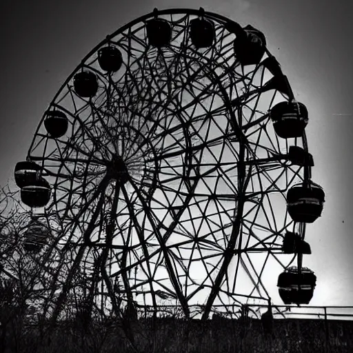 Prompt: A ruined city floating, in the sky, metropolises, modern, overgrown, a giant Ferris wheel