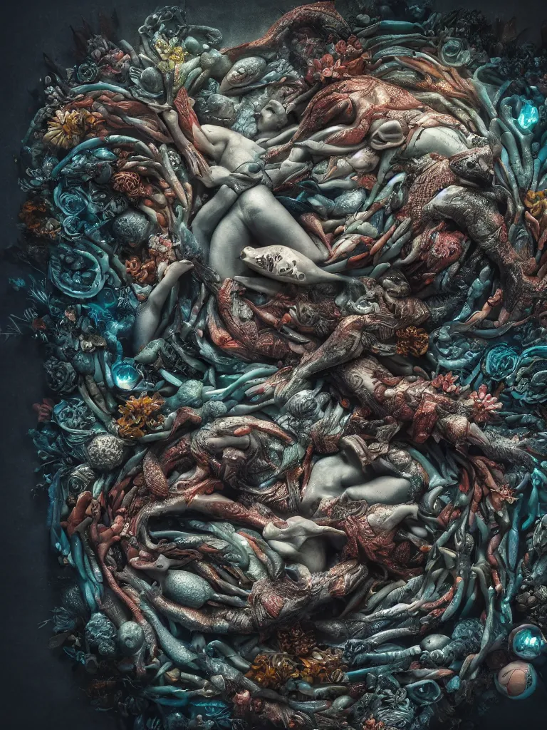 Image similar to a sculpture of fish ocean intertwined, darkness, led lighting, a lovely cornucopia of flowers and human body parts, body parts, highly detailed, octane render, cinematic, shock, sharp focus, ball, an independent psycho, clean, studio lighting
