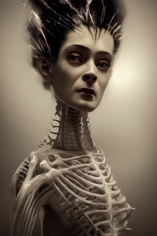 Prompt: close up portrait, beautiful bride of frankenstein, translucent skin with skeleton showing, x - ray, lit though skin, by ruan jia and artgerm and range murata and wlop and ross tran and william - adolphe bouguereau and beeple. realistic hair fantasy illustration. award winning, artstation, intricate details, realistic, hyper detailed 8 k resolution