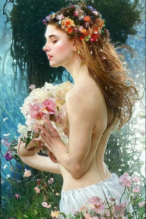 Image similar to portrait of a beautiful woman wearing a white dress, holding a bouquet of flowing flowers, drenched body, wet dripping hair, emerging from the water, fantasy, regal, fractal crystal, fractal gems, by stanley artgerm lau, thomas kindkade, alphonse mucha, loish, norman rockwell