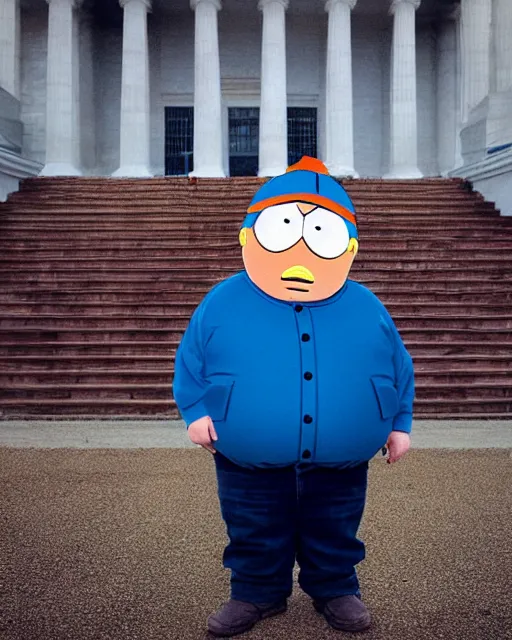 Image similar to Studio Photograph of a real life Eric Cartman from South Park shot in the Style of Annie Leibovitz in front of the Lincoln Memorial