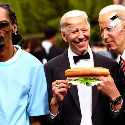 Prompt: selfie of snoop dogg with joe biden smoking a sandwich