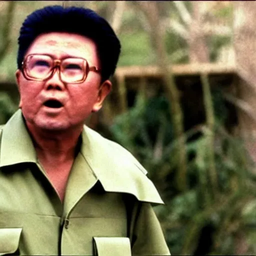 Image similar to a filmstill of Kim Jong-il as Rambo in Rambo First blood