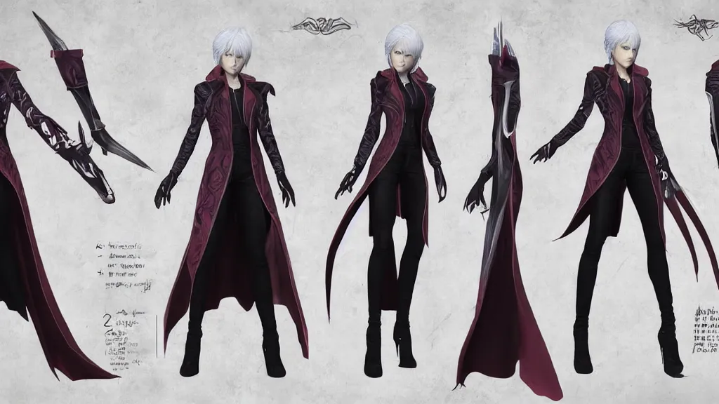 Image similar to devil may cry female Vergil character design sheet, trending on artstation