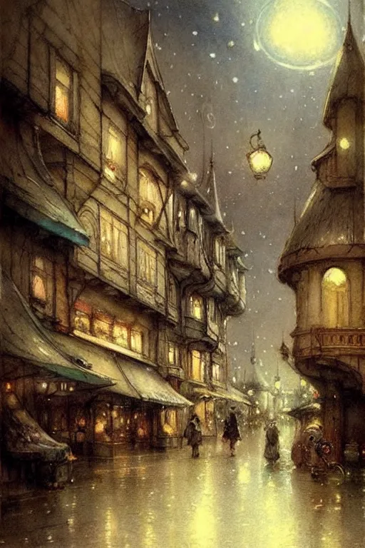 Image similar to (((((1950s fairy tale city at night . muted colors.))))) by Jean-Baptiste Monge !!!!!!!!!!!!!!!!!!!!!!!!!!!