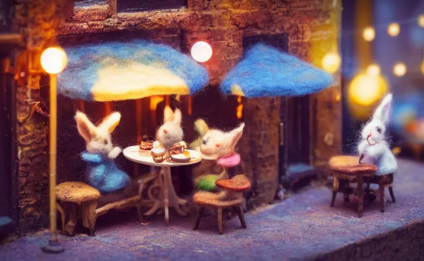 Image similar to miniature cafe diorama macro photography, cafe with felted bunnies on a date, alleyway, ambient, atmospheric, british, cozy, bokeh, romantic, colorful lanterns