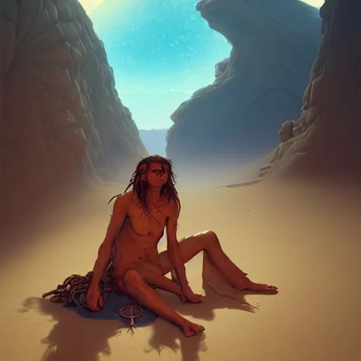 Prompt: a desert vagabond wearing a tattered robe lounging next to an oasis surrounded by sand dunes, by wlop and peter mohrbacher, extremely detailed shading, concept art, digital painting, trending on artstation, unreal engine 5, octane render, atmosphere, glow, cinematic lighting, full of color