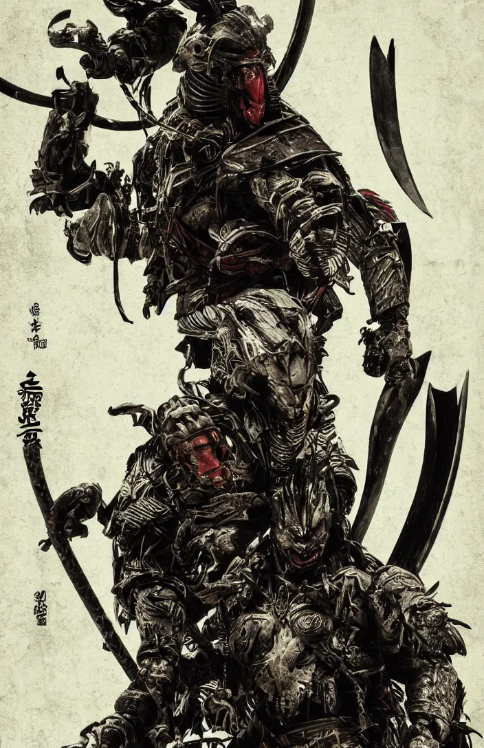 Image similar to movie ( predator vs samurai ) film poster art for hiroyuki sanada as samurai verses predator. in the style of ansel adams, frank frazzetta, realistic, detailed, octane