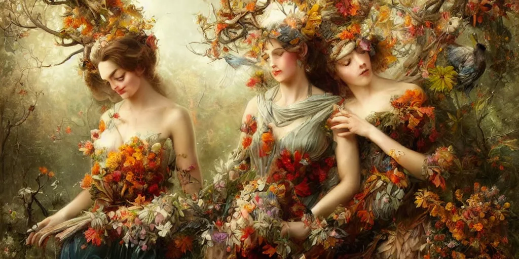 Image similar to breathtaking detailed concept art painting blend of two goddess of autumn by volegov with anxious piercing eyes, vintage illustration pattern with bizarre compositions blend of flowers and fruits and birds by beto val and john james audubon, exquisite detail, extremely moody lighting, 8 k