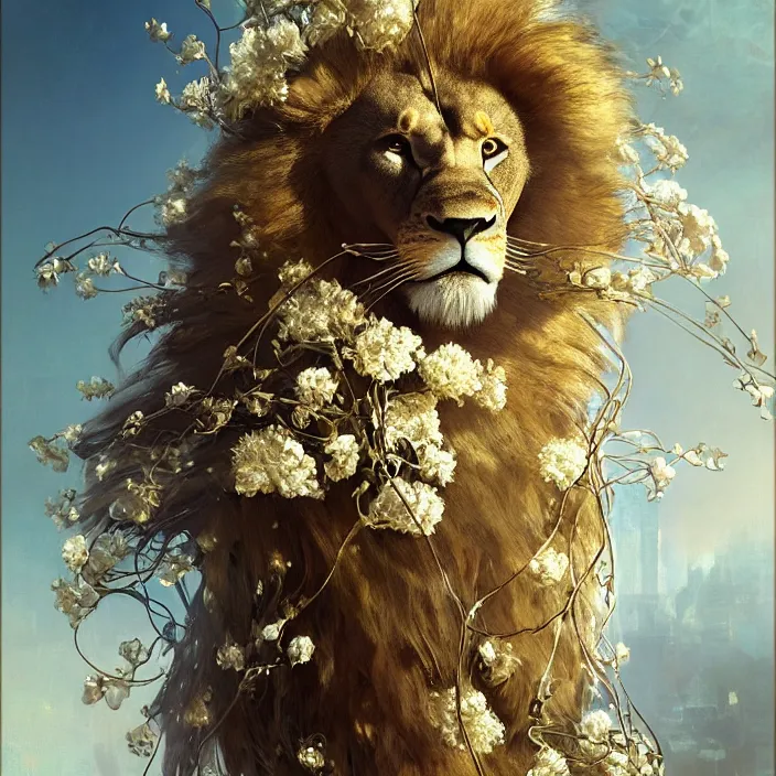 Image similar to hyperrealist portrait of a 2 0 4 4 space sport lion, it is decorated with long gold wires and white flowers that fall like vines and wears a huge computer crown. by jeremy mann and alphonse mucha, fantasy art, photo realistic, dynamic lighting, artstation, poster, volumetric lighting, dramatic light, very detailed faces, 8 k, award winning