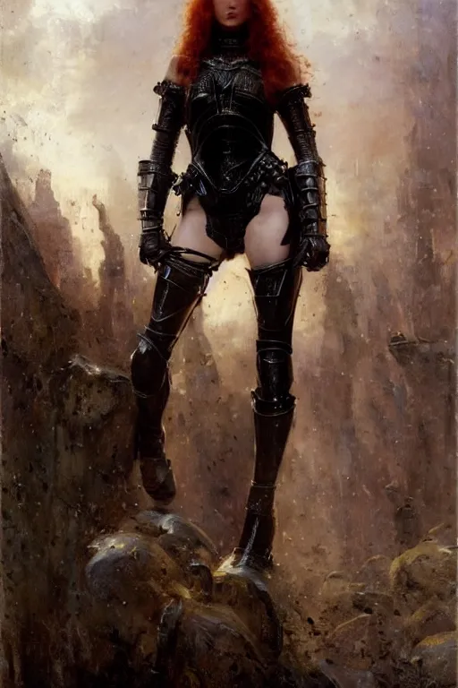 Prompt: muscular redhead young woman wearing black medieval armour, bare legs, detailed, by gaston bussiere, bayard wu, greg rutkowski, giger, maxim verehin, greg rutkowski, masterpiece, sharp focus, cinematic lightning