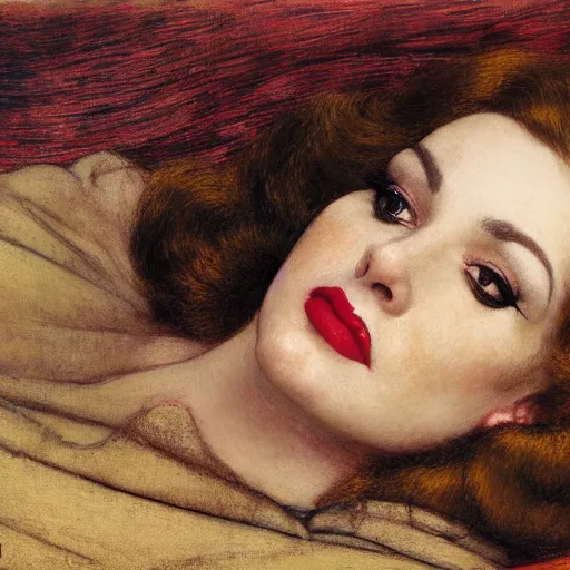 Image similar to reclining on bed, hybrid of judy garland and lady gaga, aged 2 5, brown fringe, huge downslanted eds eyes, large full lips, wide shot, yellow ochre ornate medieval dress, john william waterhouse, kilian eng, rosetti, john everett millais, william holman hunt, william morris, 4 k