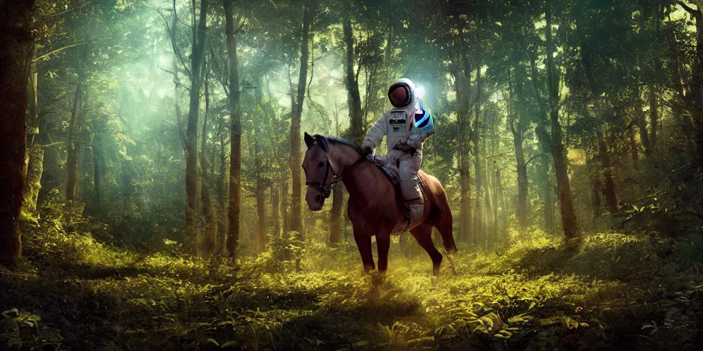 Image similar to american astronaut, riding a horse in a forest, plants environment, wide angle, cinematic lighting, atmospheric, realistic, octane render, highly detailed, color graded, in the style of craig mullins