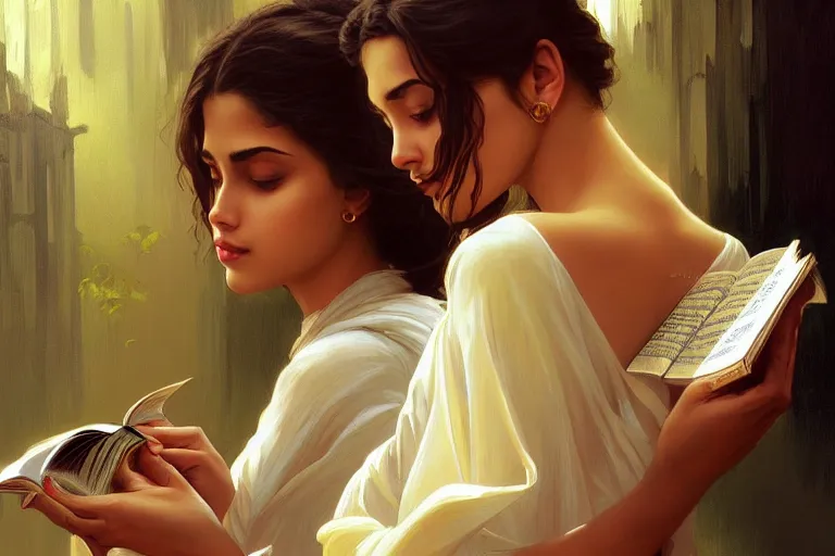 Image similar to sensual good looking pale young bengali girl with soulful eyes reading a novel, portrait, elegant, intricate, digital painting, artstation, concept art, smooth, sharp focus, illustration, art by artgerm and greg rutkowski and alphonse mucha