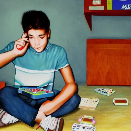 Prompt: teenager in the 9 0 s playing nintendo in a basement, painting