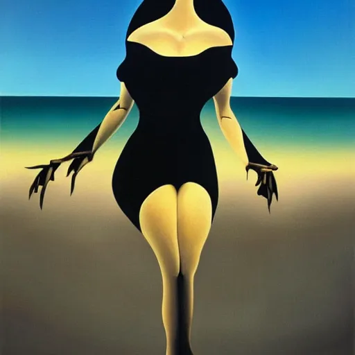 Image similar to A surreal oil painting of a puzzle containing a beautiful woman on a desert beach by Salvador Dali, dark vibes, high contrast, cinematic, depth of field