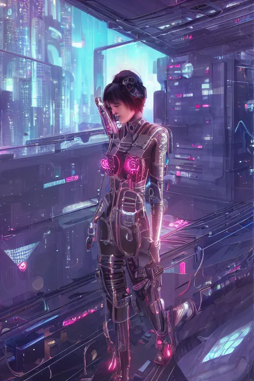 Image similar to portrait futuristic Cyber warrior Girl, in future cyberpunk tokyo rooftop , ssci-fi, fantasy, intricate, very very beautiful, elegant, neon light, highly detailed, digital painting, artstation, concept art, smooth, sharp focus, illustration, art by tian zi and WLOP and alphonse mucha