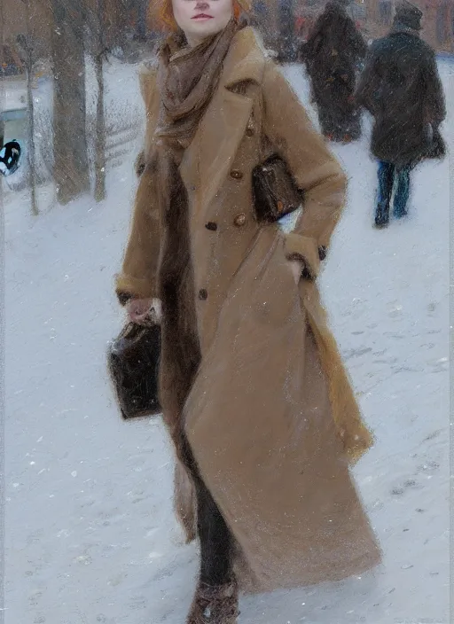 Image similar to emma stone in beige coat, portrait, walking in winter new york, snow, artwork by gaston bussiere, craig mullins, trending on artstation