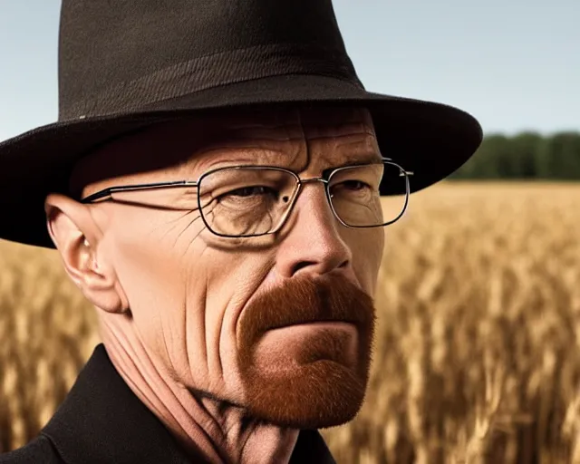 Image similar to extreme long shot of walter white wearing a black hat facing gustavo fring from a distance in a wheat field, insanely detailed, low angle, side view, perfect angle, 8 5 mm photograph, 8 k resolution, wide shot, sharp lens, cinematic