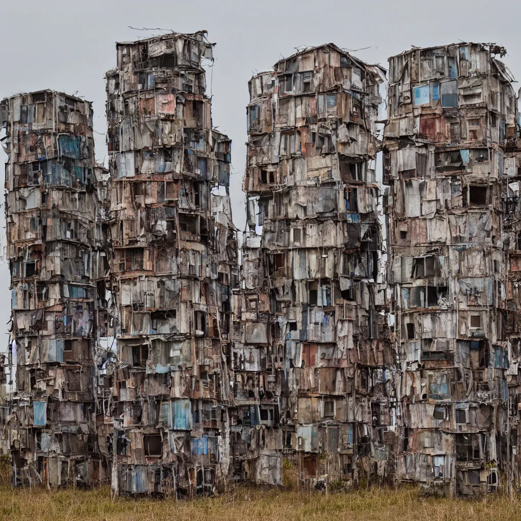 Image similar to three towers, made up of makeshift squatter shacks with faded colours, large vertical blank spaces, dystopia, sony a 7 r 3, f 1 1, fully frontal view, photographed by jeanette hagglund