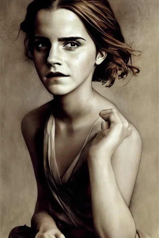 Image similar to emma watson gathered faille v - neck detailed portrait painting by gaston bussiere craig mullins j. c. leyendecker award winning photograph photorealsitic octane render photograph by richard avedon peter lindbergh