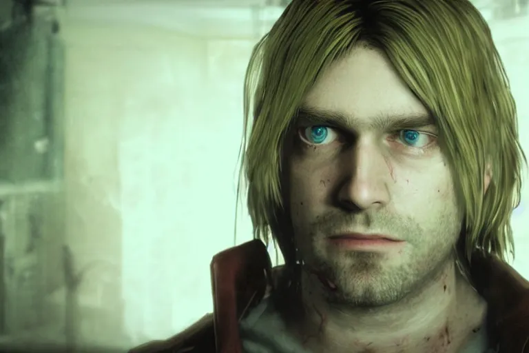 Prompt: a gaming screenshot portrait still of kurt cobain in resident evil, moebius, greg rutkowski, zabrocki, karlkka, jayison devadas, phuoc quan, trending on artstation, 8 k, ultra wide angle, video game graphics, blue technology sci - fi atmosphere realistic, 3 d game, zenith view, cyberpunk pincushion lens effect