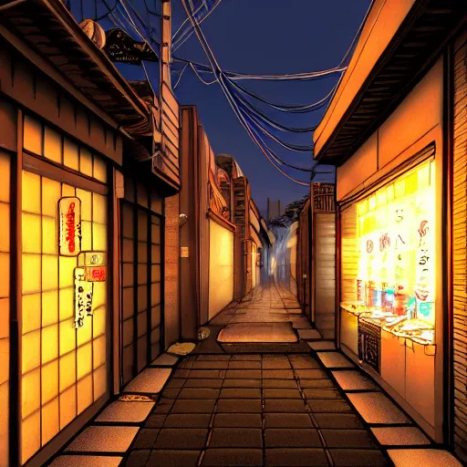 Prompt: Japanese alleyway at night, with a vending machine and powerlines hanging above. Realistic Artstation