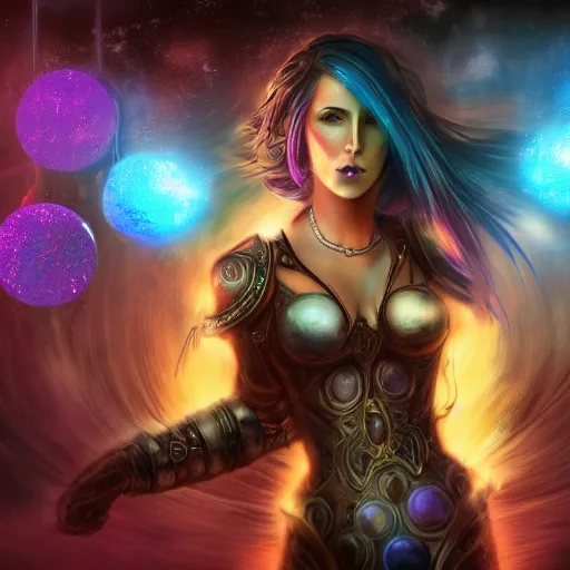 Image similar to Path of Exile, Maven, female image with silver purple hair among colourful lights, dark blue spheres fly around, Anachronism, painting, dark fantasy, steampunk, 4k,