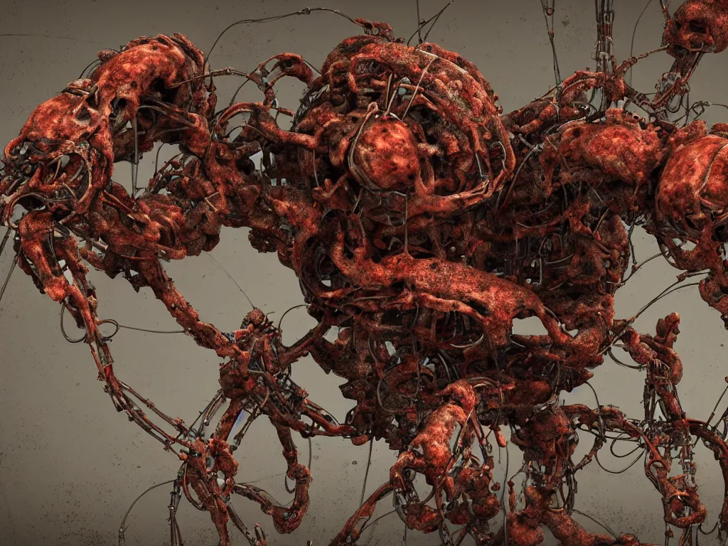 Prompt: Techno-biological rusty self-propelled artillery consisting of tumors, meat, veins, guts, kidneys, wires. Biopunk, body-horror, high detail, photorealism, full length view, very rust, concept art, octane render, 16k, 8k