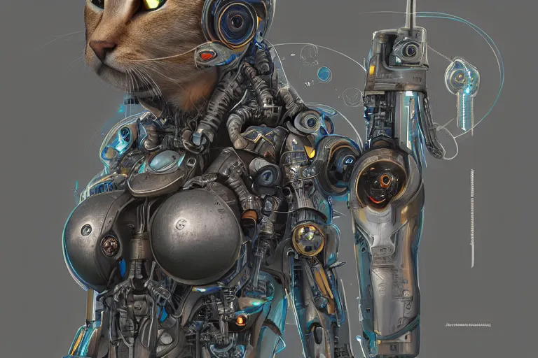 Prompt: “ a extremely detailed stunning portraits of solarpunk cyborg female cat by allen william on artstation ”