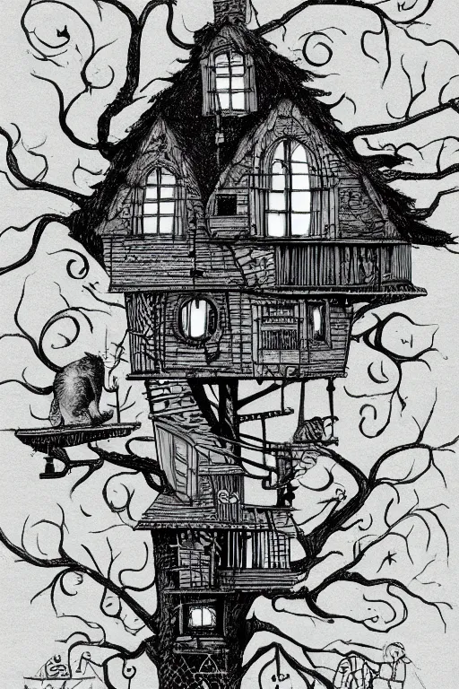 Image similar to The cat in the tree house illustrated by Tim Burton, Trending on artstation, artstationHD, artstationHQ, 4k, 8k